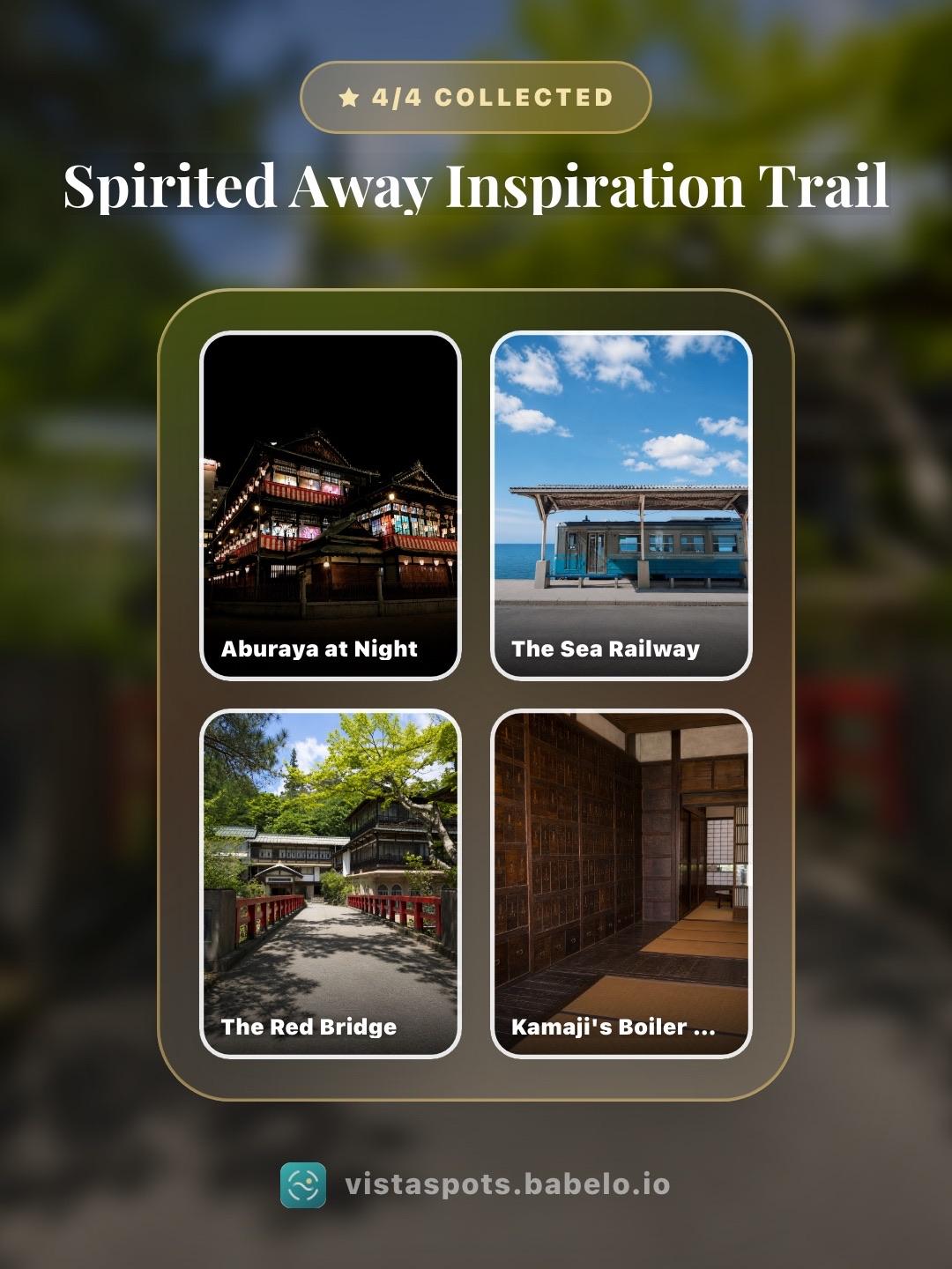 VistaSpots collection poster for the Spirited Away Inspiration Trail showing all four places collected