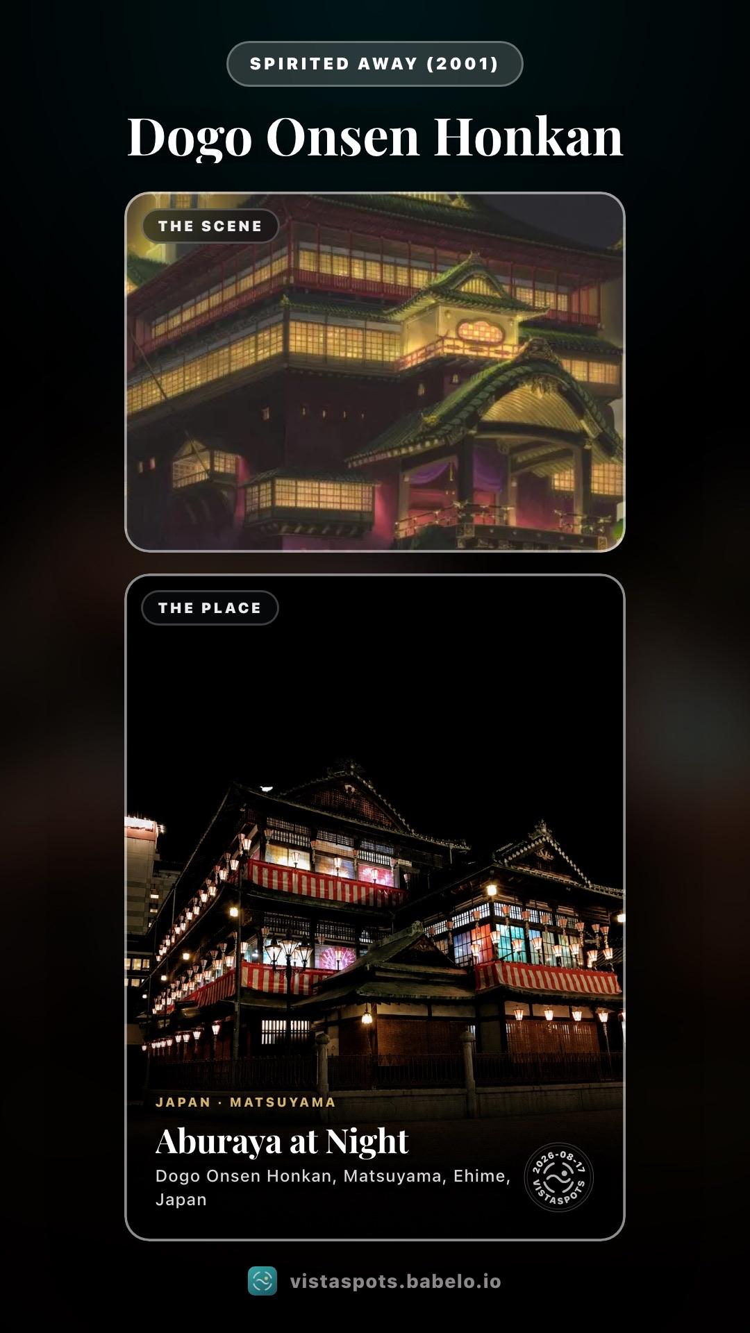 Spirited Away's bathhouse at night above a night photograph of the lit facade of Dogo Onsen Honkan in Matsuyama