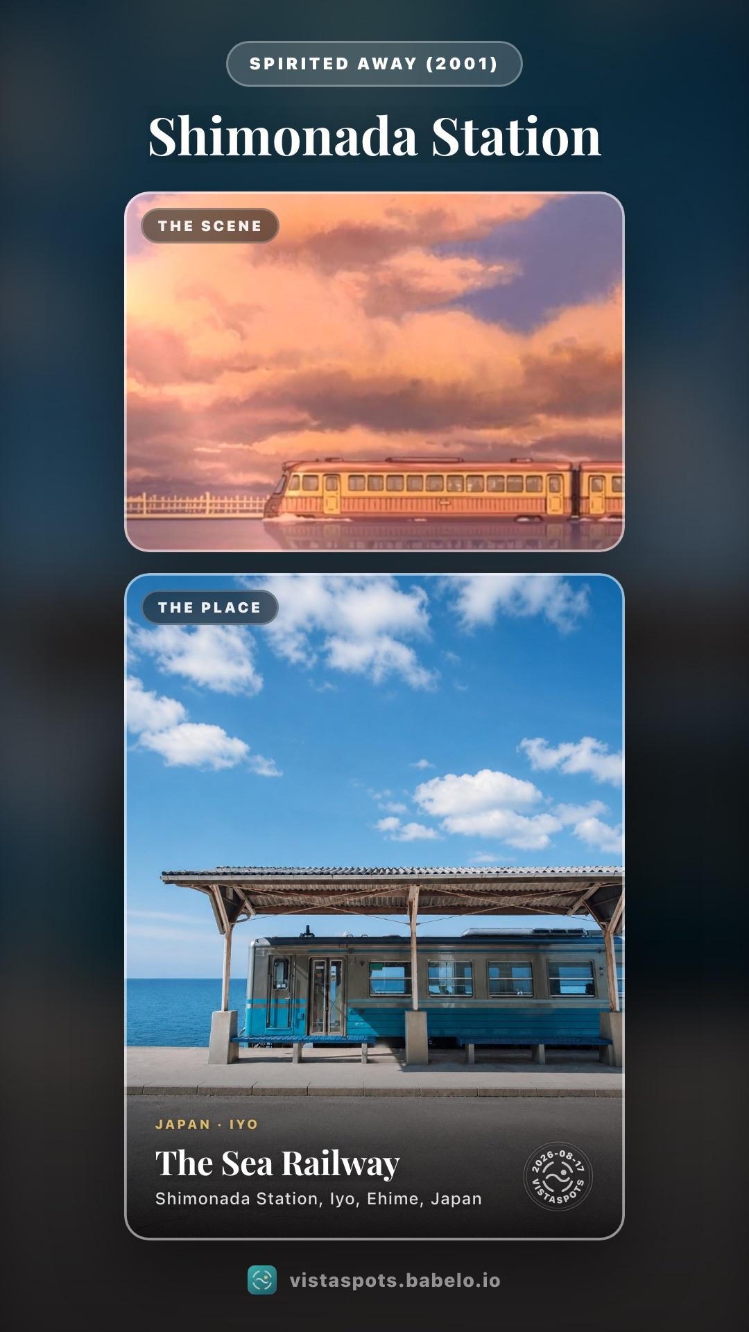 A Spirited Away frame of the railway over water above a photograph of a train at the seaside platform of Shimonada Station