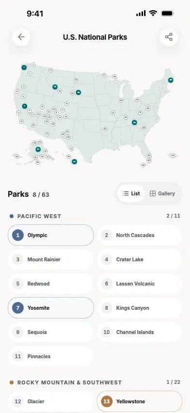 U.S. National Parks journey map and checklist, part-way complete
