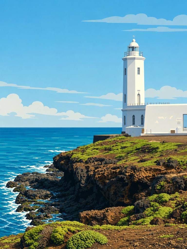 Illustrated VistaSpots postcard of the Farol de Dona Maria Pia lighthouse near Praia on Santiago, Cabo Verde