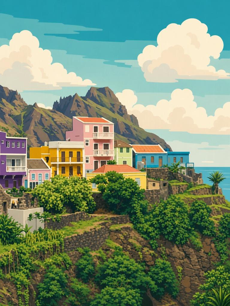Illustrated VistaSpots postcard of the clifftop village of Fontainhas on Santo Antão, Cabo Verde