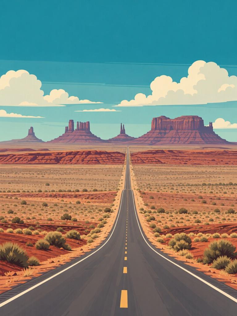 Illustrated VistaSpots postcard of U.S. 163 running towards the buttes of Monument Valley at Forrest Gump Point
