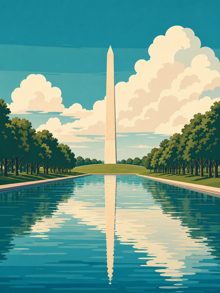 Illustrated VistaSpots postcard of the Washington Monument reflected down the Lincoln Memorial Reflecting Pool