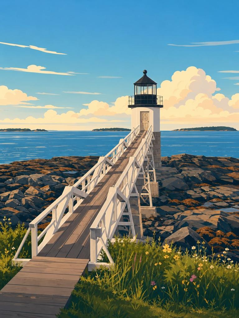 Illustrated VistaSpots postcard looking down the walkway to Marshall Point Lighthouse, Port Clyde, Maine