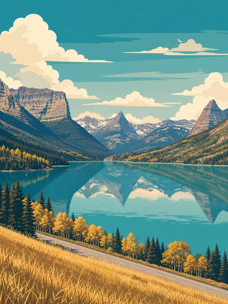 Illustrated VistaSpots postcard of the road beside Saint Mary Lake in Glacier National Park, Montana