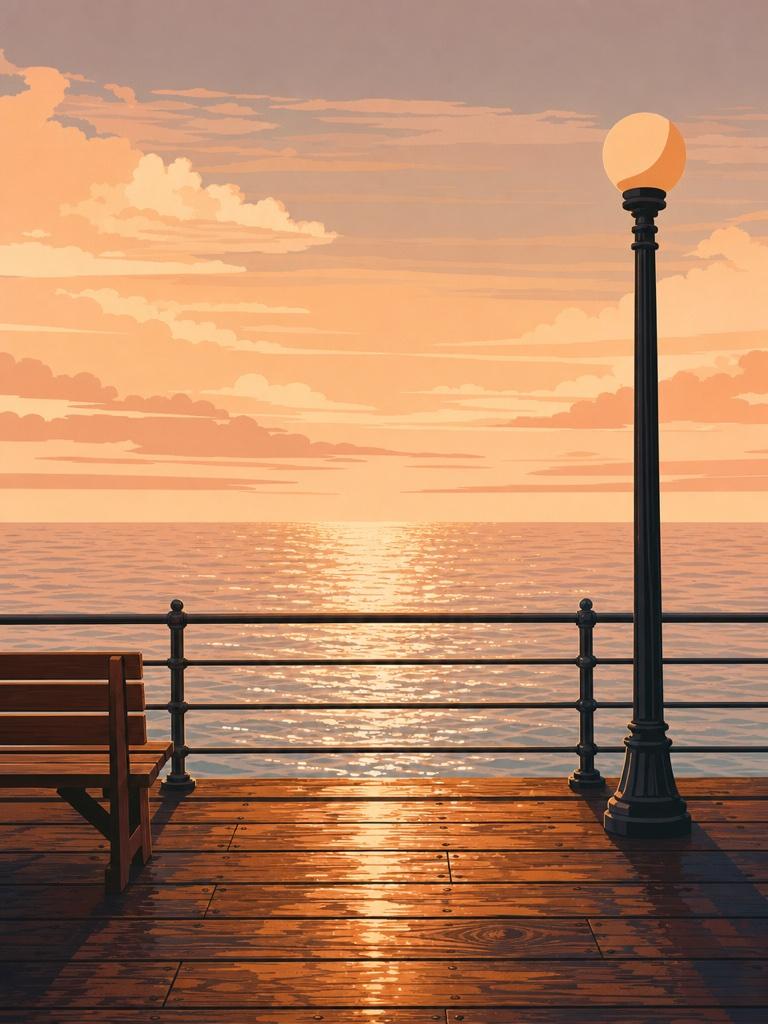 Illustrated VistaSpots postcard of the rail at the end of the Santa Monica Pier at sunset