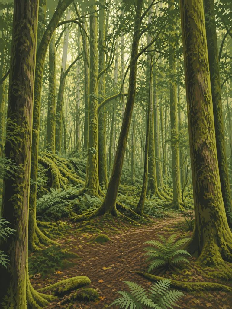 Illustrated VistaSpots postcard of the mossy bog-pine glade near Te Anau that played Fangorn Forest