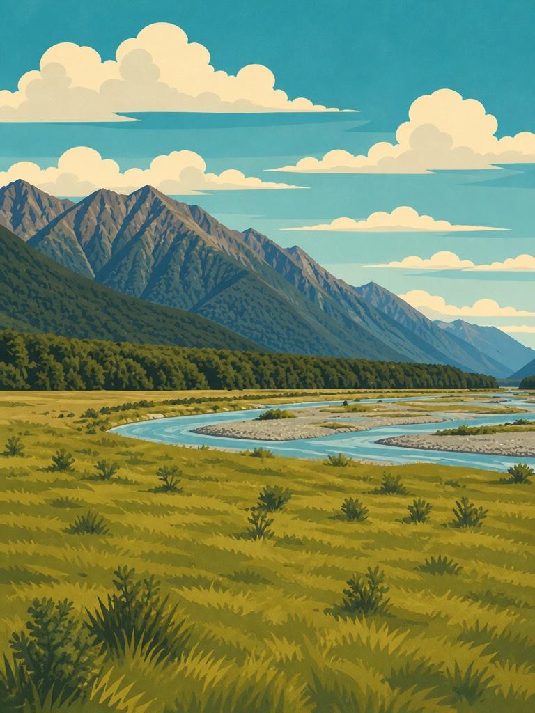 Illustrated VistaSpots postcard of the mountain-ringed paddock at Paradise, Glenorchy, that became Isengard