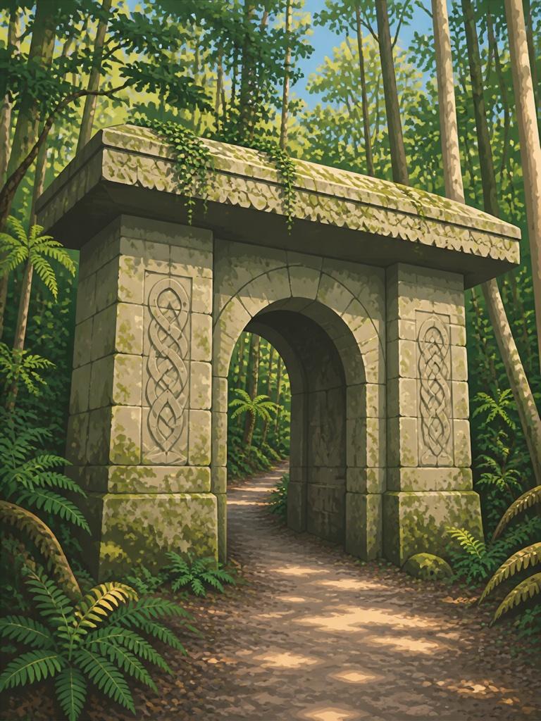 Illustrated VistaSpots postcard of the forest clearing at Kaitoke Regional Park that played Rivendell