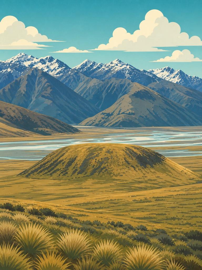 Illustrated VistaSpots postcard of Mount Sunday rising from the Rangitata Valley, the site of Edoras