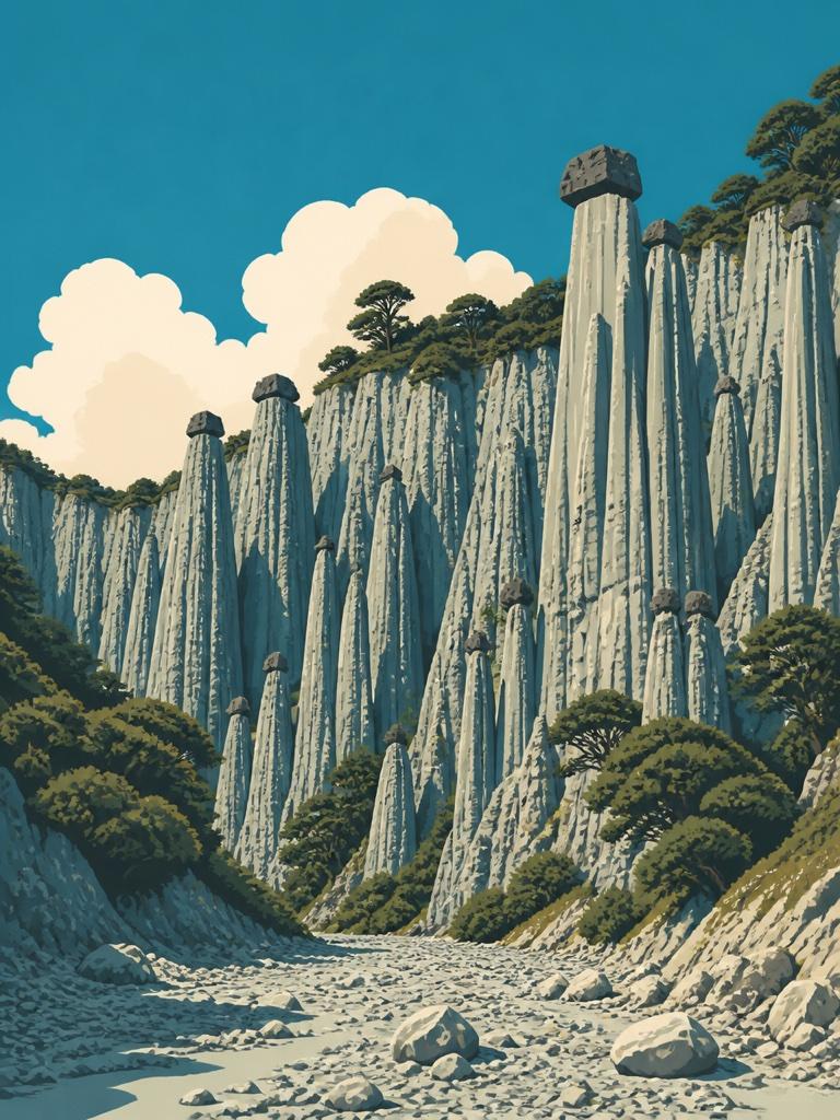 Illustrated VistaSpots postcard of the eroded earth pillars of the Putangirua Pinnacles