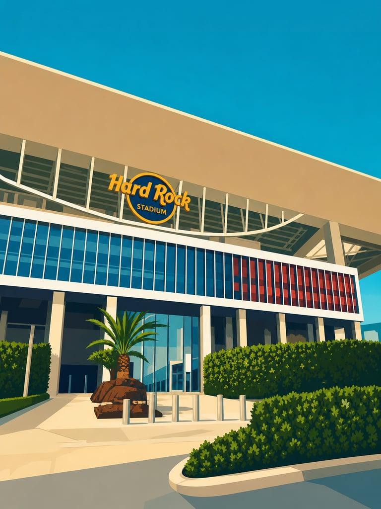Illustrated VistaSpots postcard of Hard Rock Stadium in Miami Gardens, Florida