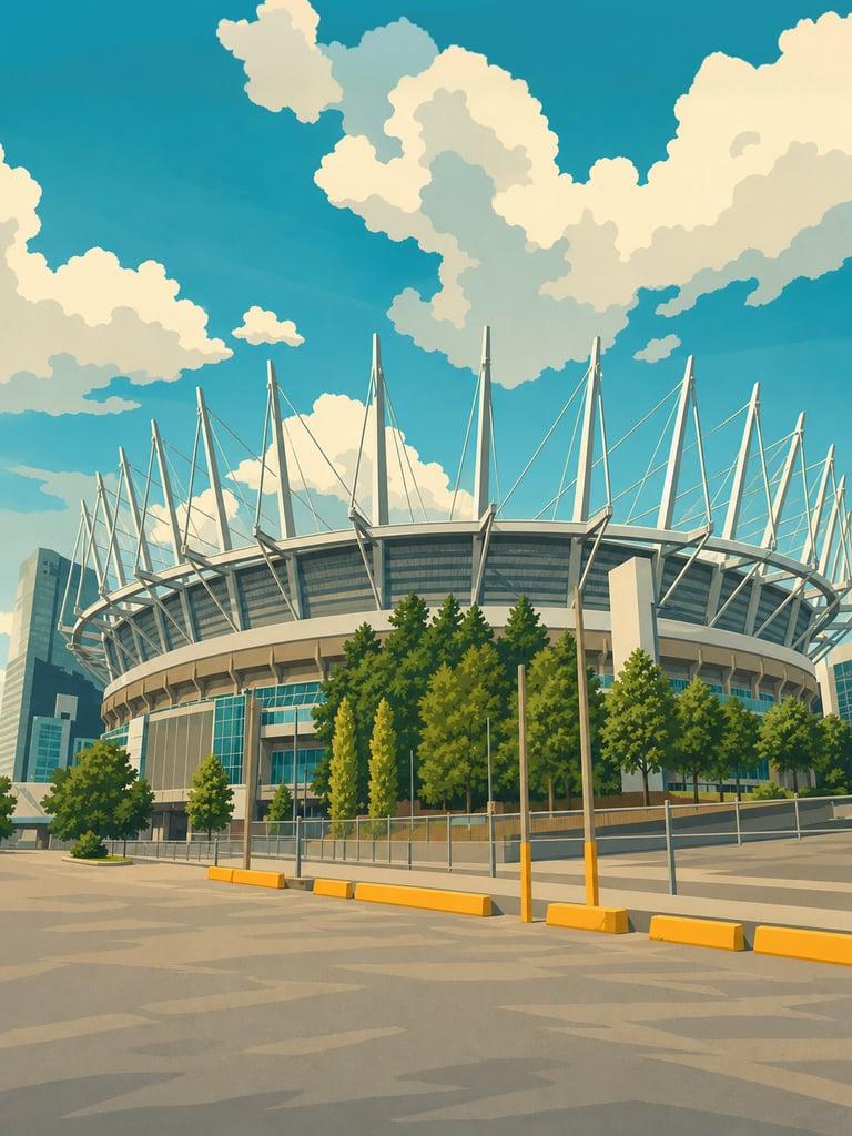 Illustrated VistaSpots postcard of BC Place in Vancouver