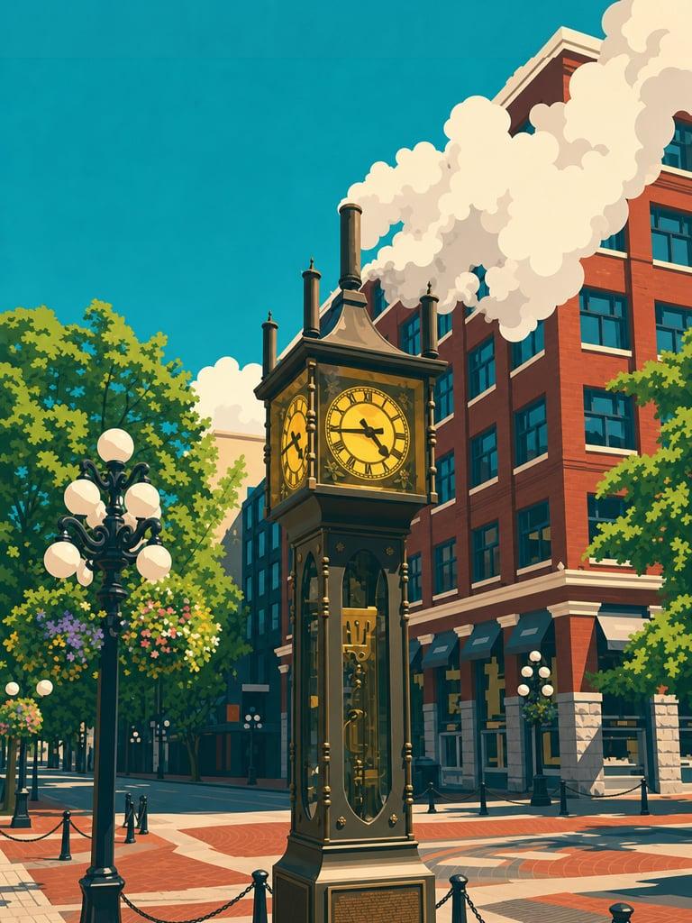 Illustrated VistaSpots postcard of the Gastown Steam Clock in Vancouver