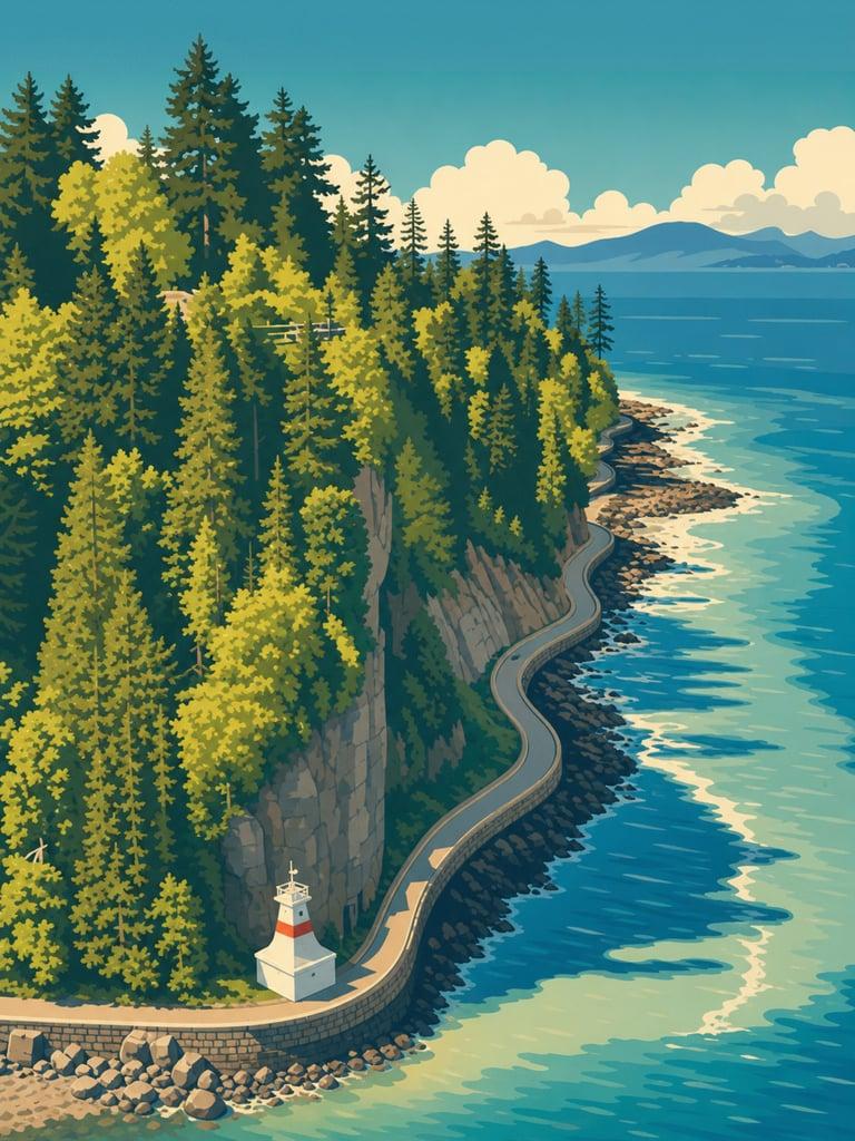 Illustrated VistaSpots postcard of the Stanley Park Seawall in Vancouver