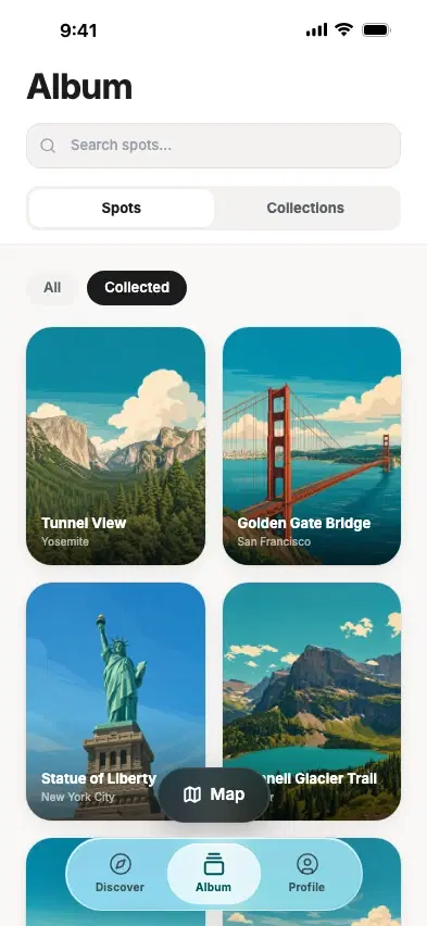 Album tab with a mixed set of collected travel cards