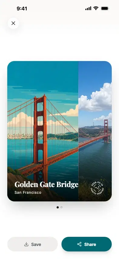 An unlocked collectible card from a Golden Gate Bridge check-in