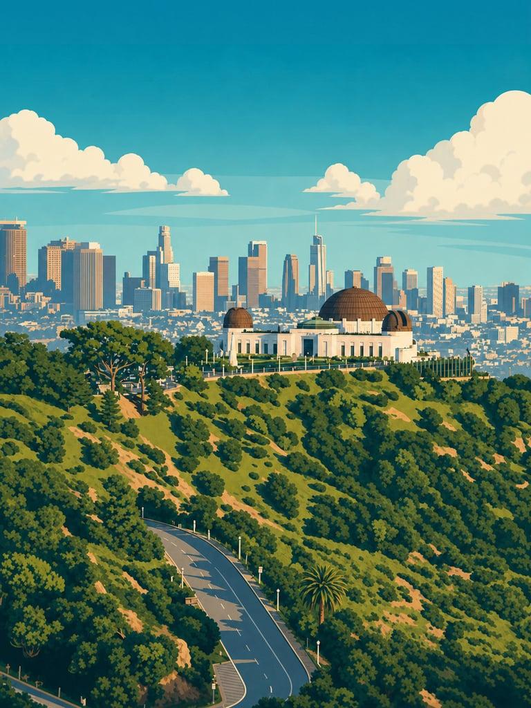 Illustrated VistaSpots postcard of Griffith Observatory in Los Angeles