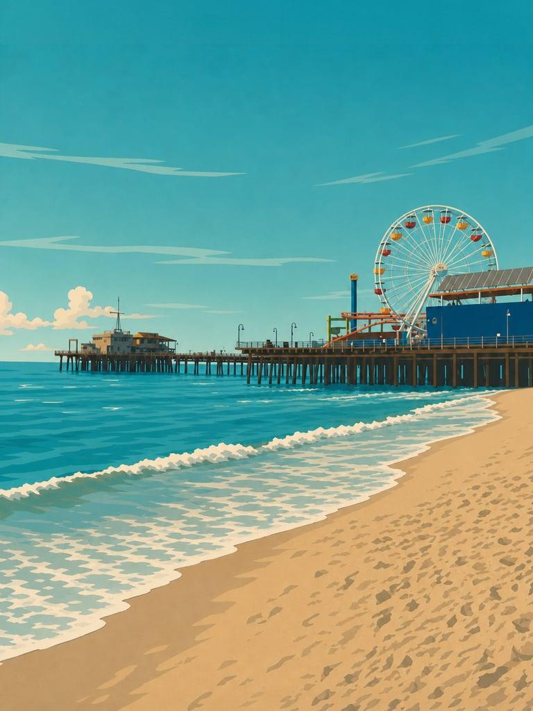 Illustrated VistaSpots postcard of Santa Monica Pier in Santa Monica, California