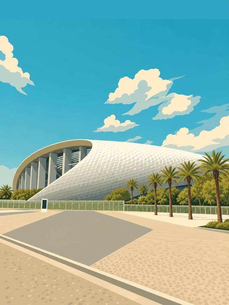 Illustrated VistaSpots postcard of SoFi Stadium in Inglewood, California