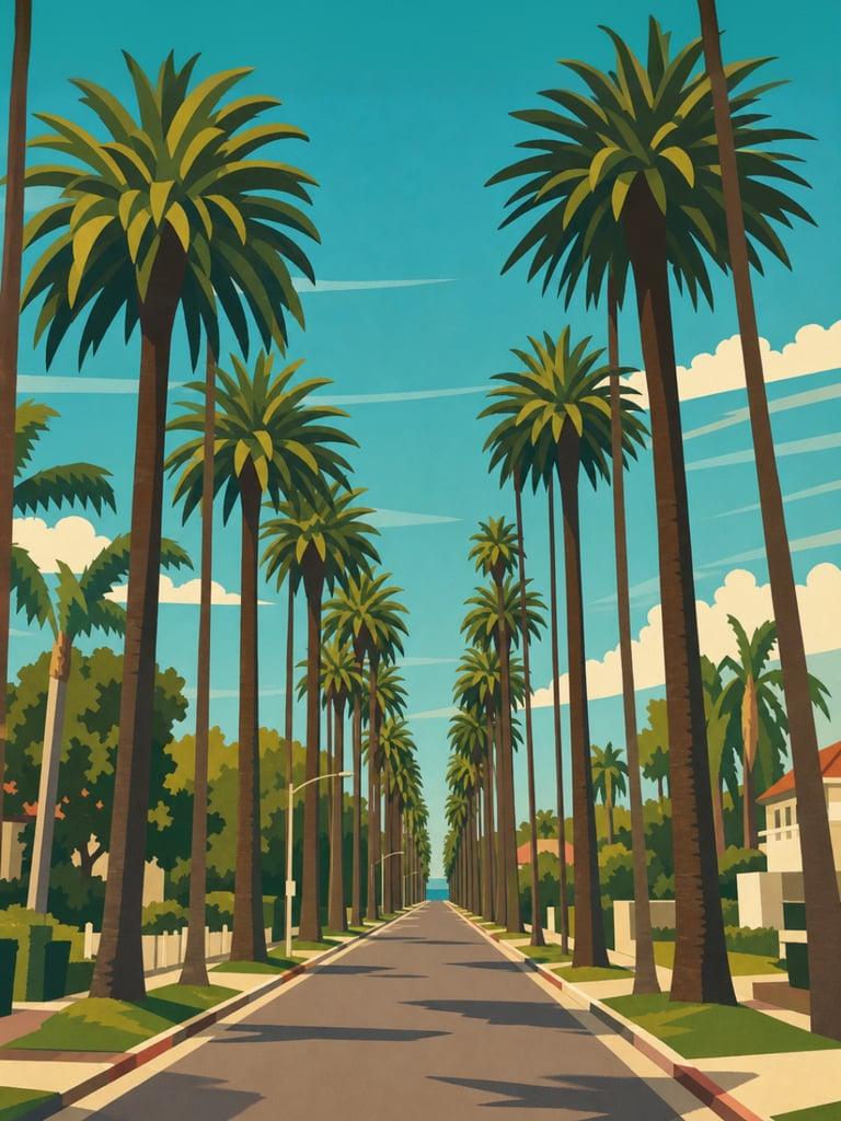 Illustrated VistaSpots postcard of South Palm Drive in Beverly Hills, California