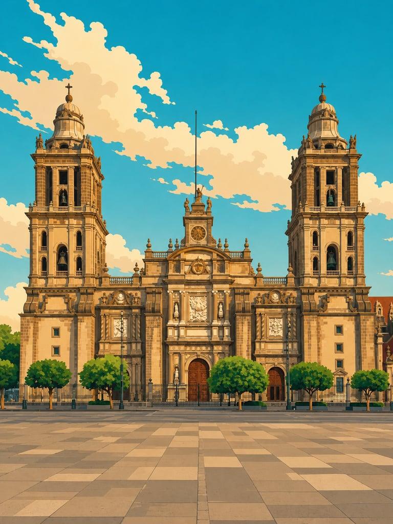 Illustrated VistaSpots postcard of the Metropolitan Cathedral in Mexico City