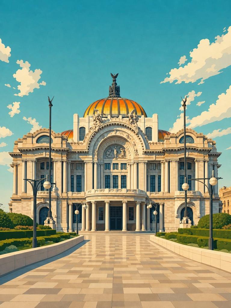 Illustrated VistaSpots postcard of the Palacio de Bellas Artes in Mexico City