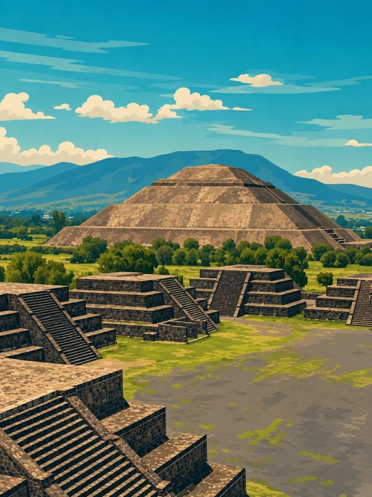 Illustrated VistaSpots postcard of Teotihuacán in the State of Mexico