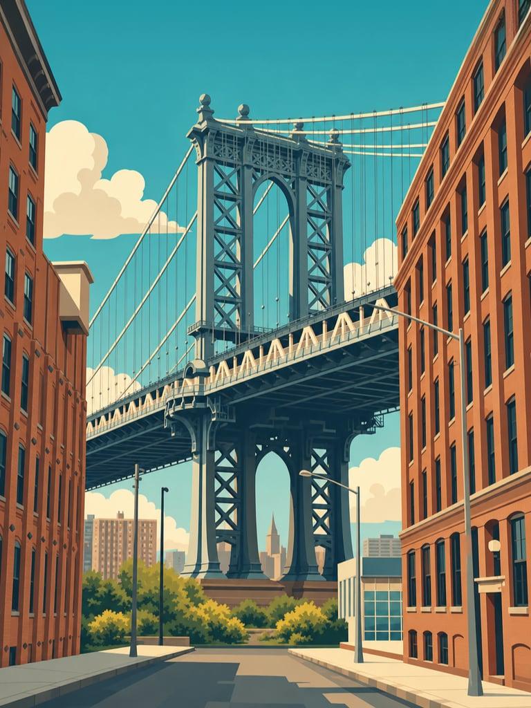 Illustrated VistaSpots postcard of the Manhattan Bridge view from DUMBO in Brooklyn