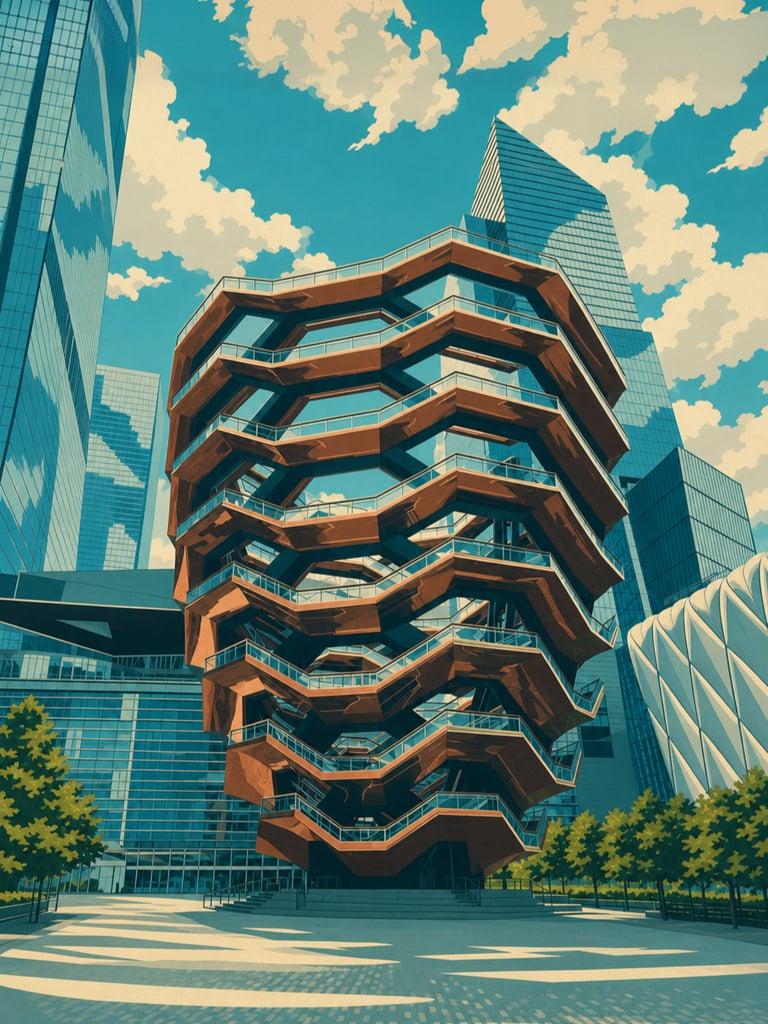Illustrated VistaSpots postcard of the Vessel at Hudson Yards in New York