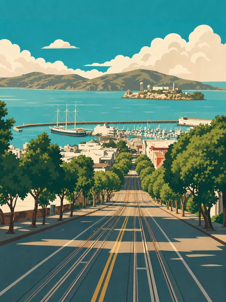 Illustrated VistaSpots postcard of the Powell–Hyde cable car on Hyde Street, San Francisco