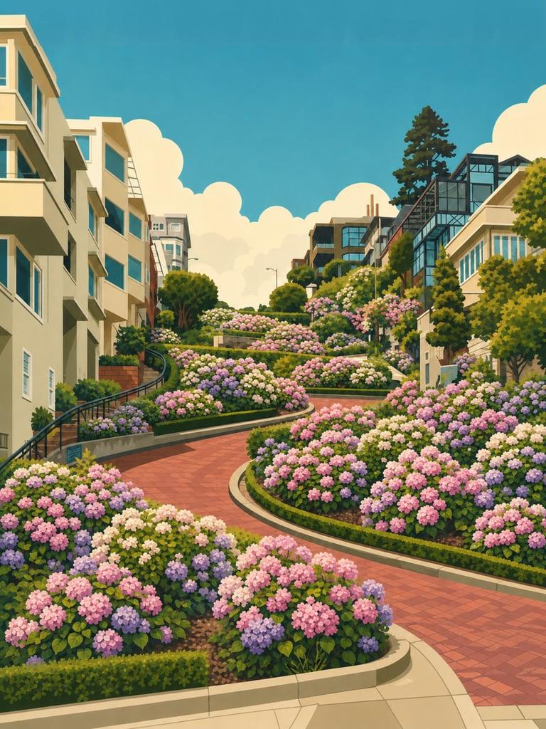Illustrated VistaSpots postcard of Lombard Street's switchbacks, San Francisco