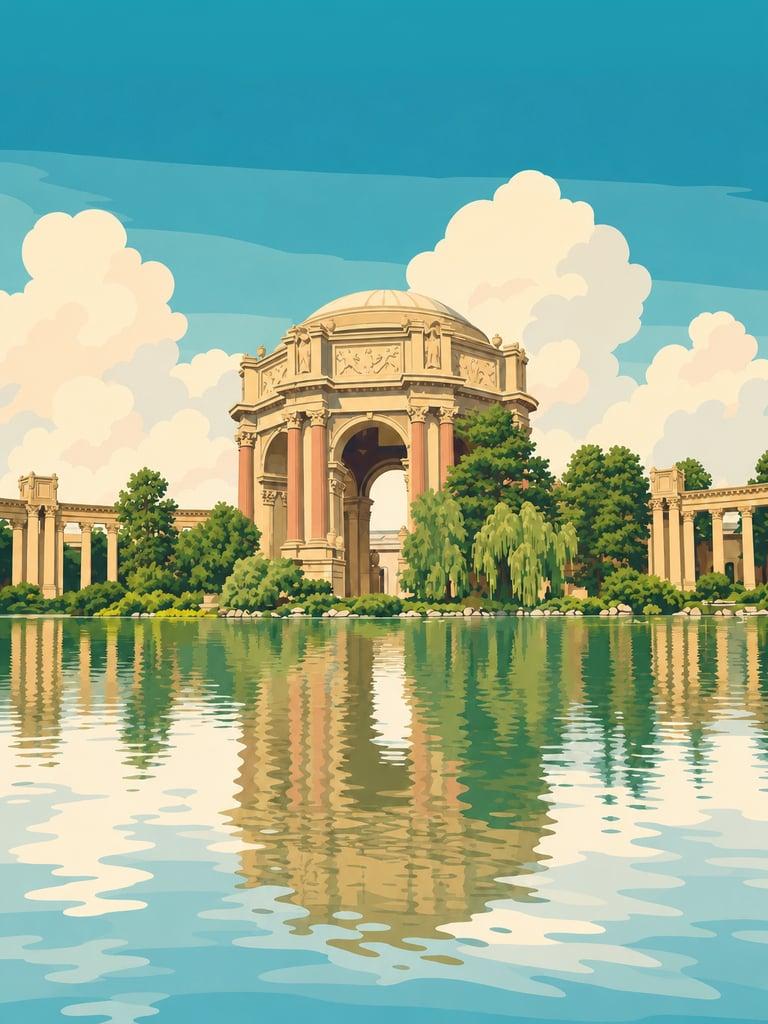 Illustrated VistaSpots postcard of the Palace of Fine Arts rotunda, San Francisco