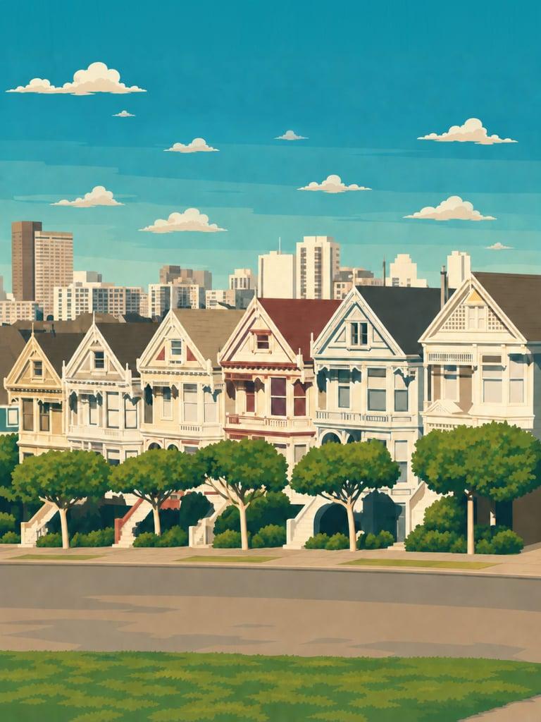 Illustrated VistaSpots postcard of the Painted Ladies Victorian houses at Alamo Square, San Francisco