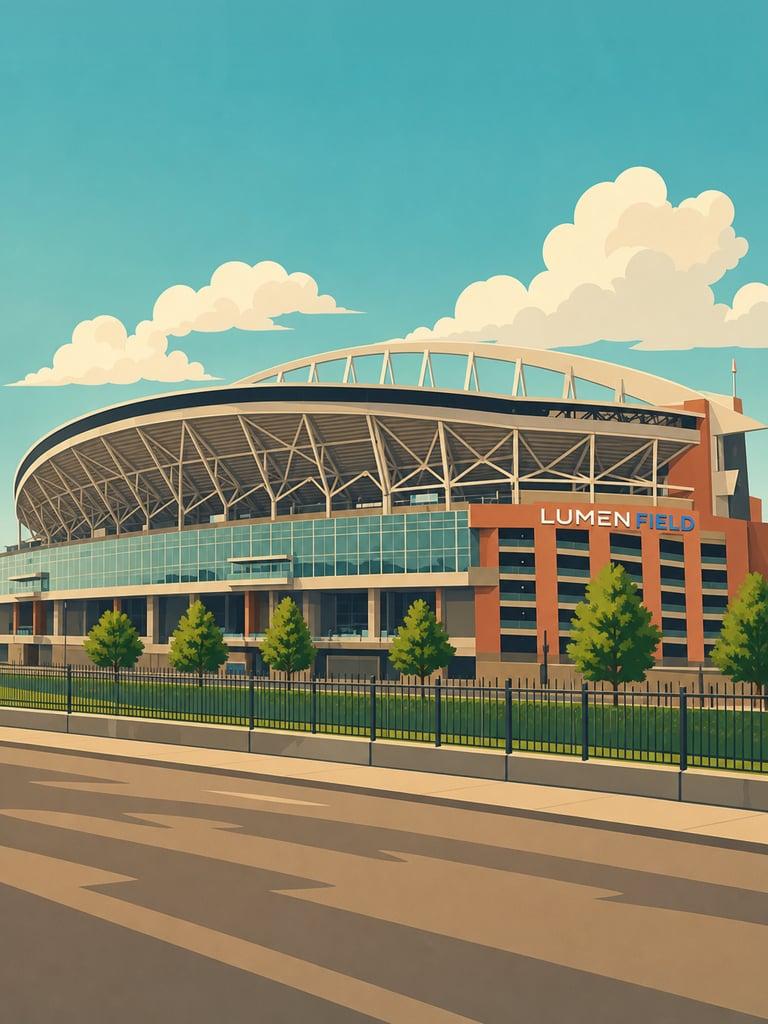 Illustrated VistaSpots postcard of Lumen Field in Seattle