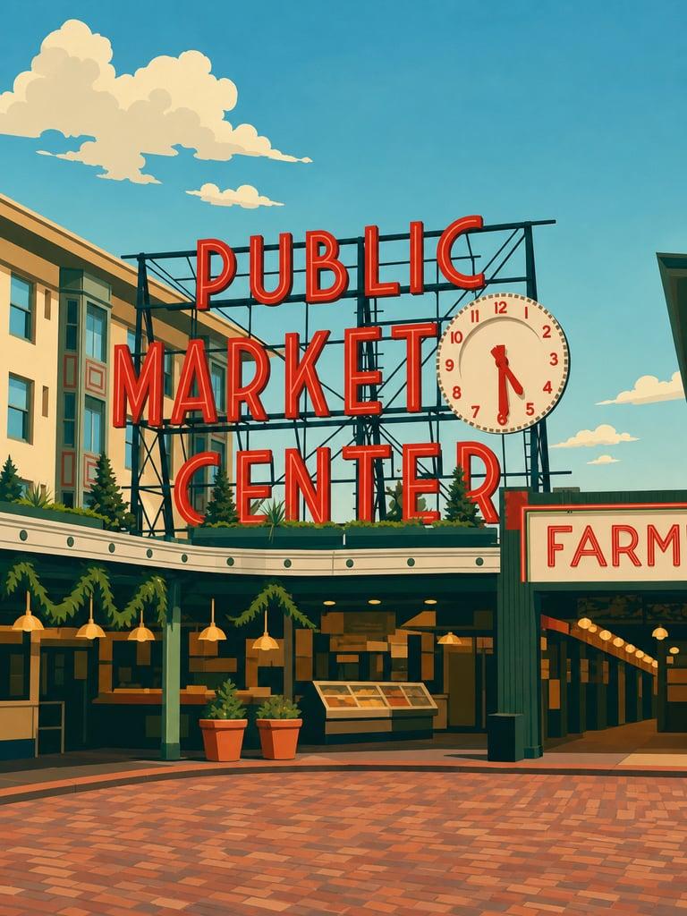 Illustrated VistaSpots postcard of Pike Place Market in Seattle